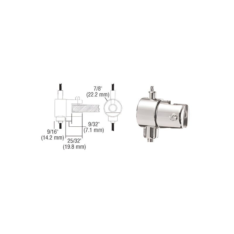 A technical diagram and a photograph showing a polished chrome adjustable single shelf bracket for a cable display system.