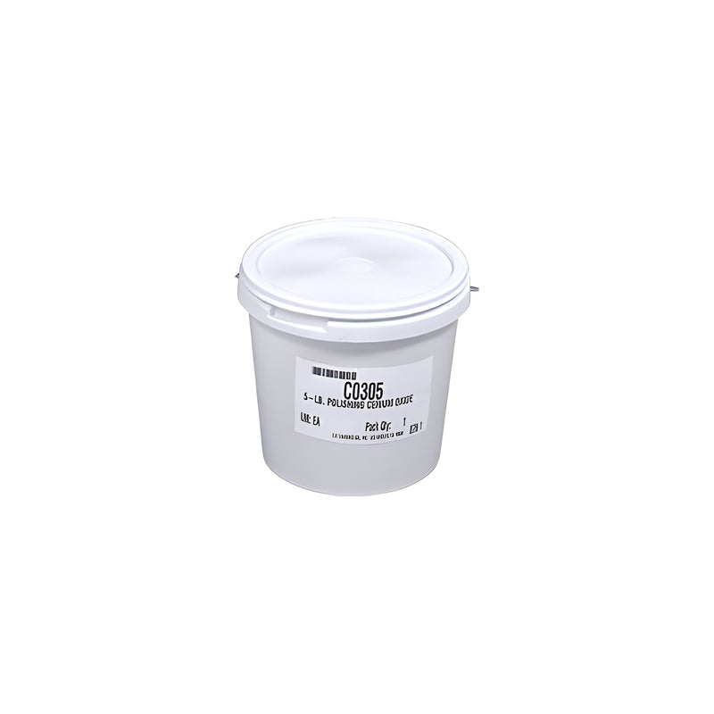 A white plastic container holding 5 lbs. of CRL Cerium Oxide polishing compound.