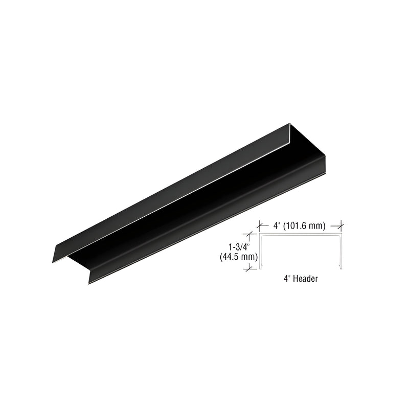 A gloss black powder coated 4-inch header channel shown with a technical diagram indicating its 1-3/4 inch height and 4-inch width.