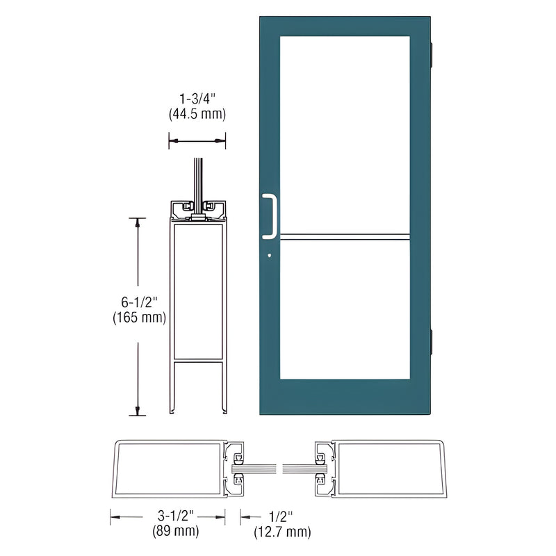 Technical line drawing showing the profile and dimensions of a Series 400 medium stile butt hinge entrance door.