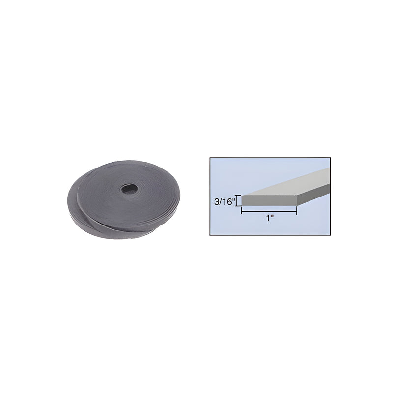 A 100-foot roll of black flexible PVC setting block material shown alongside a diagram illustrating its 3/16-inch thickness and 1-inch width.