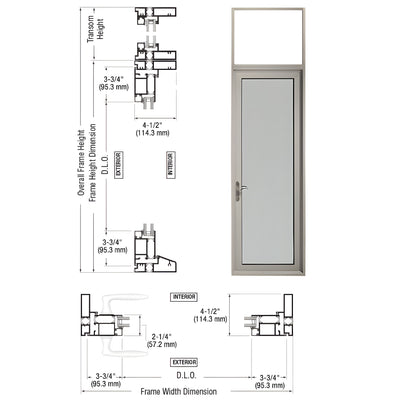 CRL Custom Series 925 Class ll Clear Anodized Hinged Left Swing Out Patio Single Door with Transom Frame, 3-5/16" Bottom Rail, and Low Profile Threshold