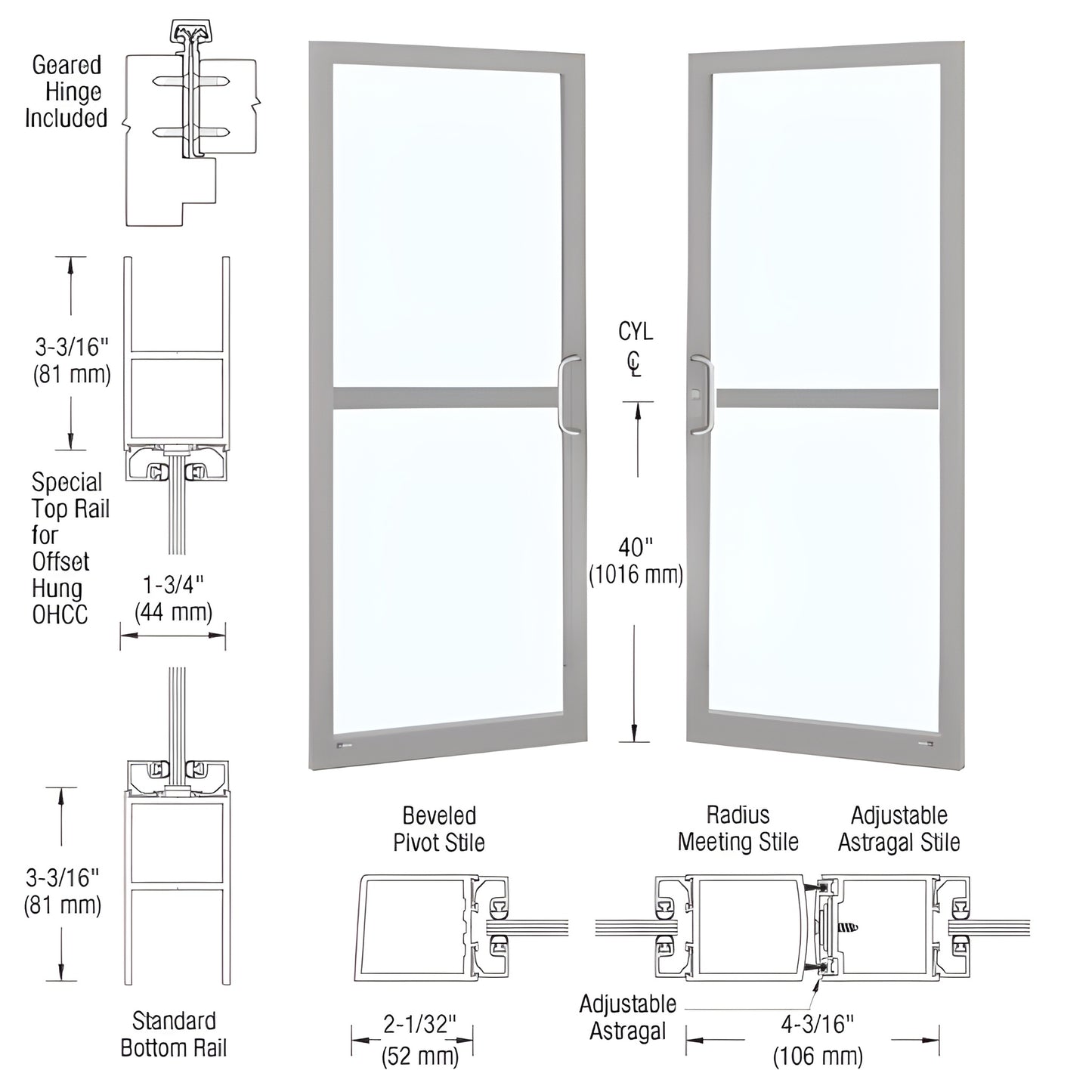 CRL-U.S. Aluminum 250 Narrow Stile Pair w/ Panic Bar& Concealed Closer