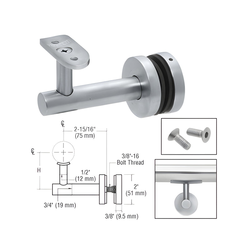 A mill aluminum Malibu Series glass mounted hand rail bracket shown with its technical diagram and mounting hardware.
