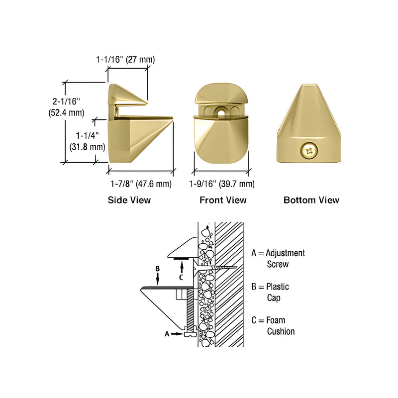 Technical diagram showing the side, front, and bottom views of a polished brass adjustable shelf clamp with installation details.