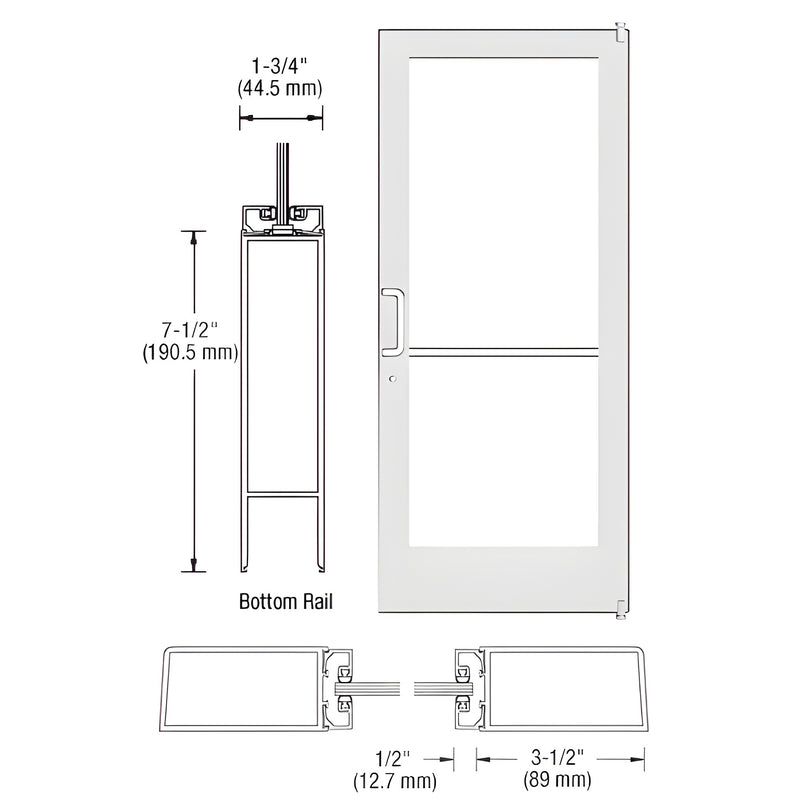 Technical line drawing showing the profile and dimensions of a CRL-U.S. Aluminum Series 400 medium stile offset pivot entrance door.