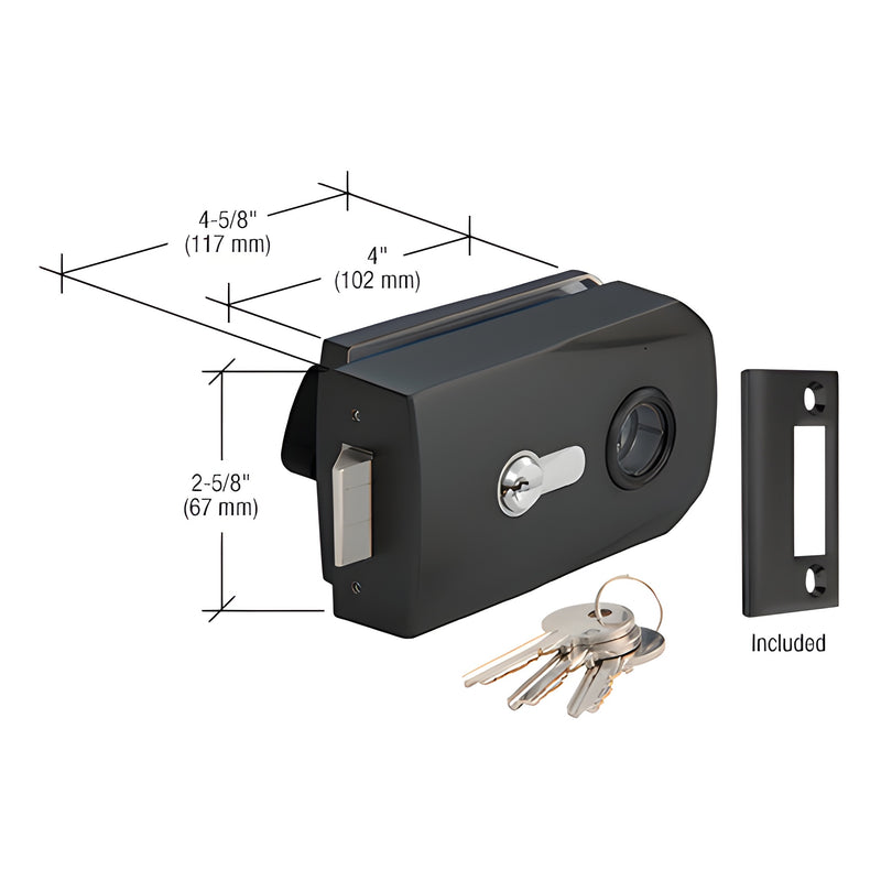 A matte black Slimline glass mount lever lock with keys and a strike plate, showing dimensions of 4-5/8 inches in length and 2-5/8 inches in height.