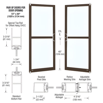 CRL-U.S. Aluminum Bronze Black Anodized Custom Pair Series 250 Narrow Stile Offset Pivot Entrance Doors for Panics for Overhead Concealed Door Closers