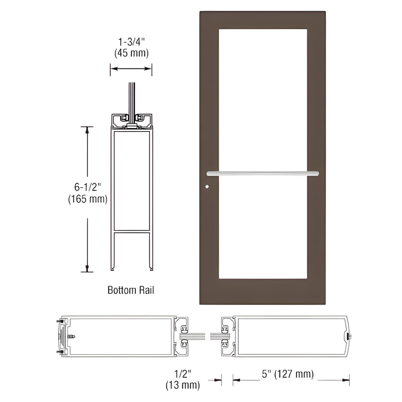 Technical diagram showing the profile and dimensions of a 550 Series wide stile active leaf door with a black bronze anodized finish.