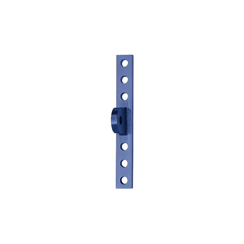 A blue custom color curtain wall mounting plate with multiple pre-drilled holes for 12 mm rods.