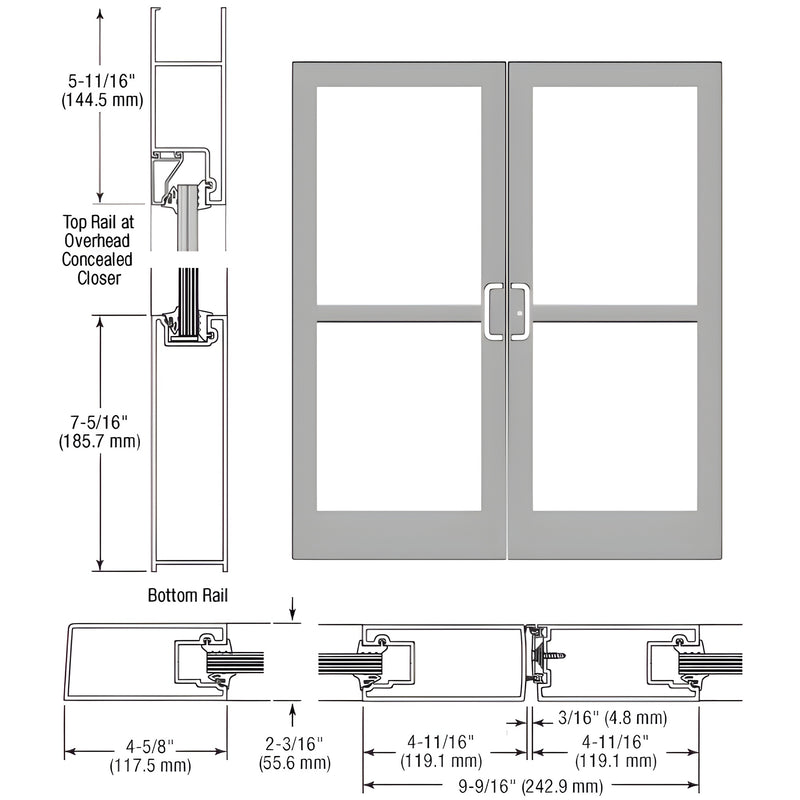 Technical diagram showing the elevation and cross-section profiles of a pair of IG500 Series butt hinged entrance doors.