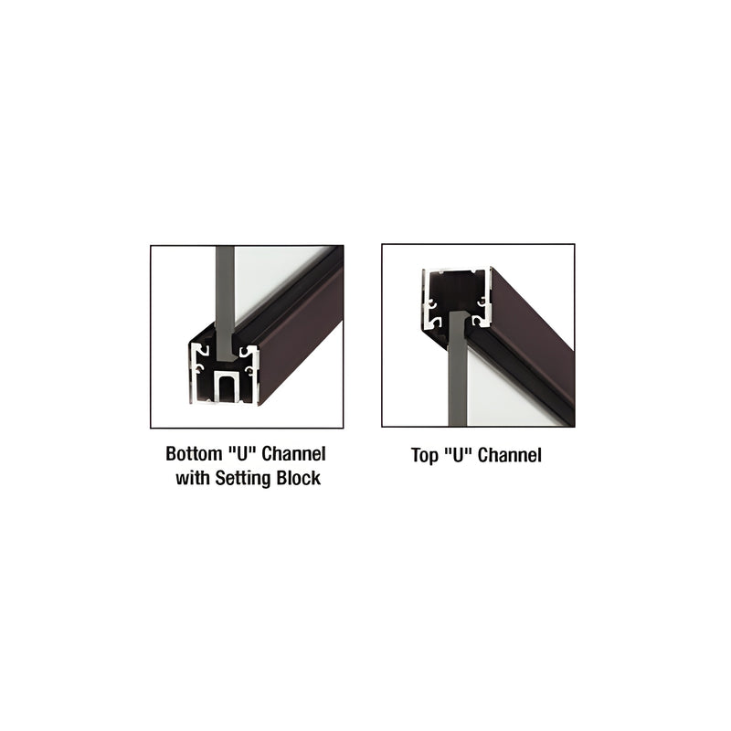 A side-by-side view showing black bronze aluminum U-channel profiles installed on the bottom and top of glass panels.