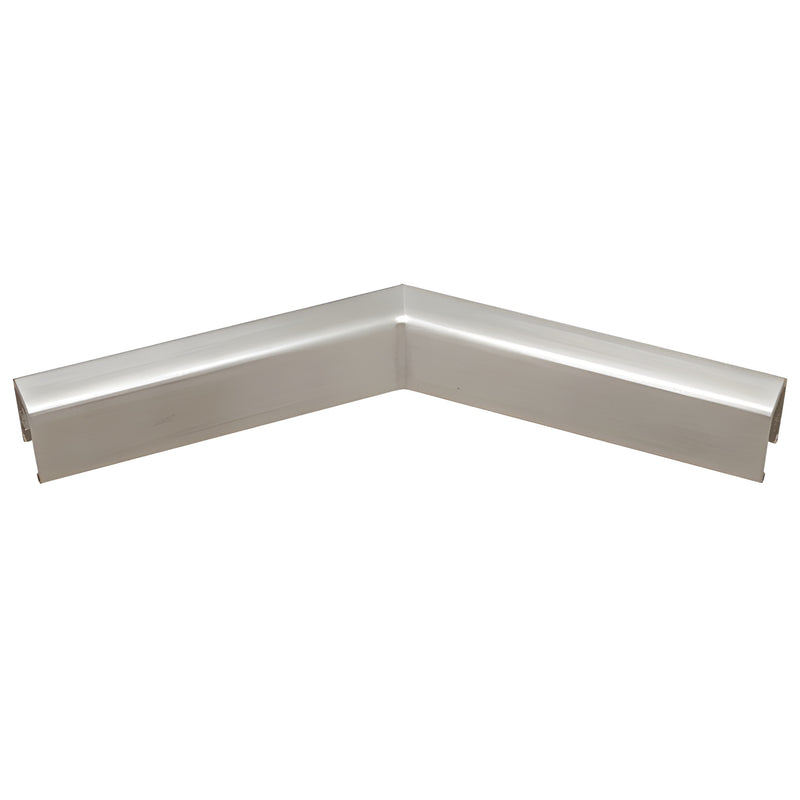 A brushed stainless steel 135-degree horizontal corner U-channel designed for 3/4-inch glass cap railing.
