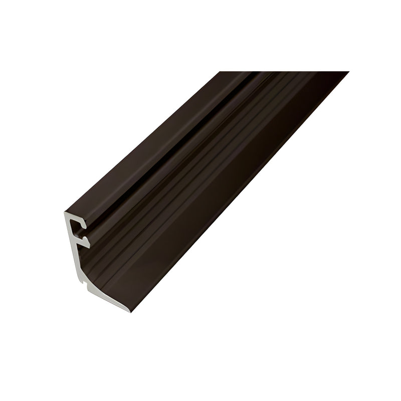 A close-up view of a dark bronze anodized aluminum door glass stop designed for 1-inch thick glass.