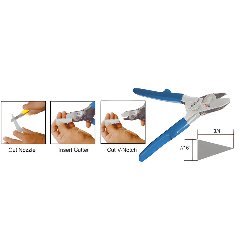 A steel V-notch nozzle cutter shown with instructional diagrams demonstrating how to cut a nozzle tip.