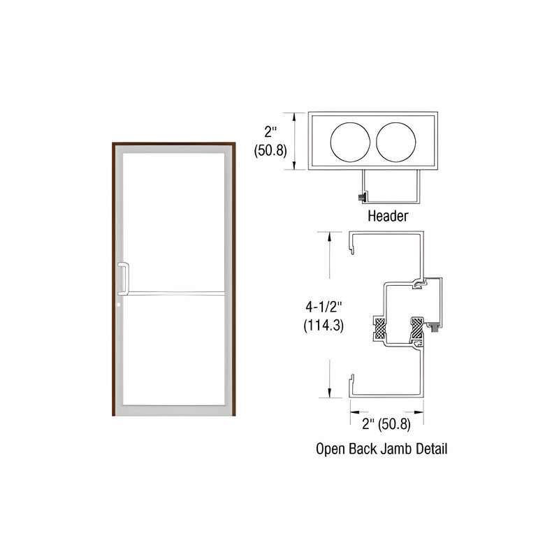 Technical diagram showing the profile dimensions of a thermally improved aluminum door frame with header and open back jamb details.