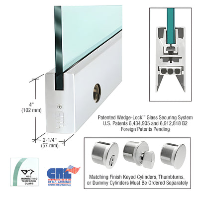 CRL Satin Anodized 3/4" Glass 4" Square Door Rail With Lock - 35-3/4" Length