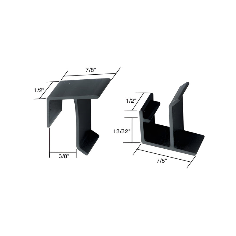 Two black plastic sliding window screen clips shown with dimensional technical labels.