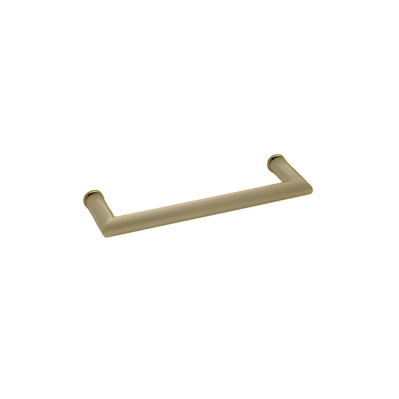 A brushed bronze 18-inch mitered corner towel bar designed for single-sided glass mounting.