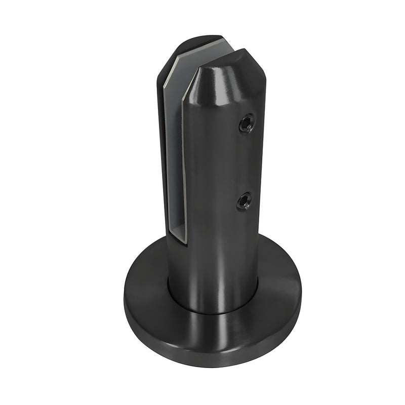 A matte black stainless steel round surface mount friction fit spigot for glass railings.