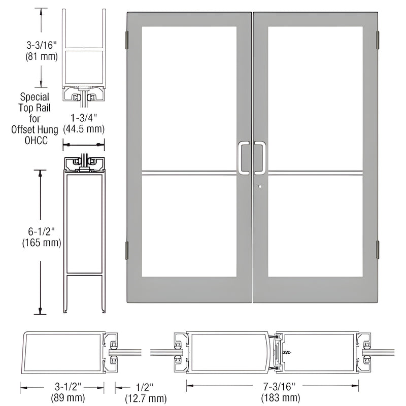 Technical diagram showing the profile dimensions and elevation of a pair of Series 400 medium stile butt hinged showroom doors.