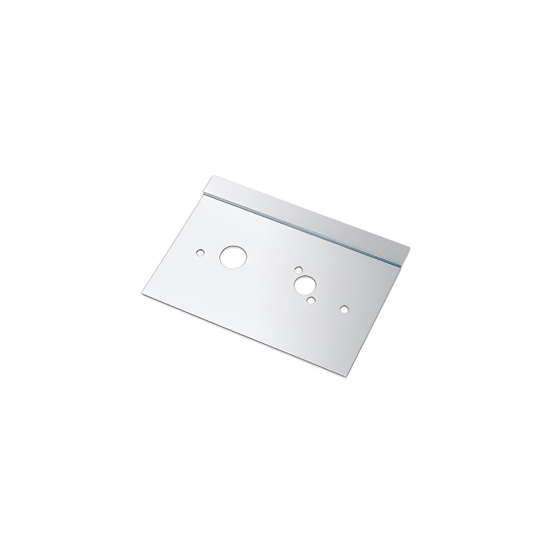 A polished stainless steel left hand center lock latch guard measuring 6 inches by 10 inches.
