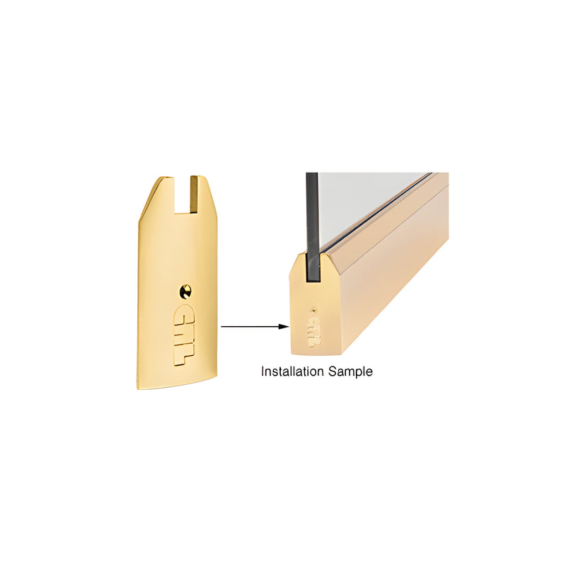 A polished brass tapered end cap for sidelite rails shown individually and installed on a glass panel.