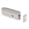 A polished stainless steel glass mounted passage latch shown with its matching strike plate.