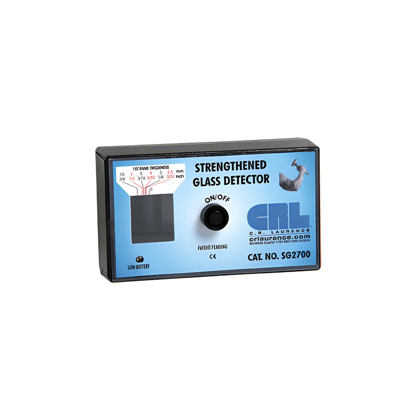 The CRL Strengthened Glass Detector is a rectangular handheld device featuring an on/off switch, a low battery indicator, and a glass thickness reference chart.