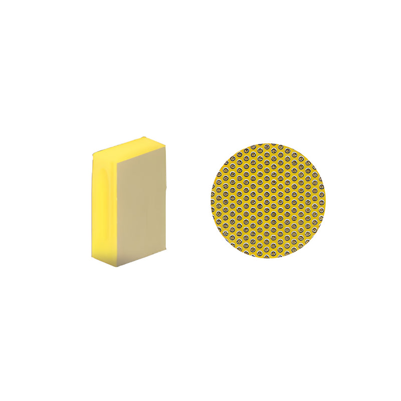 A yellow 3M flexible diamond hand pad is shown next to a circular close-up view of its textured abrasive surface.