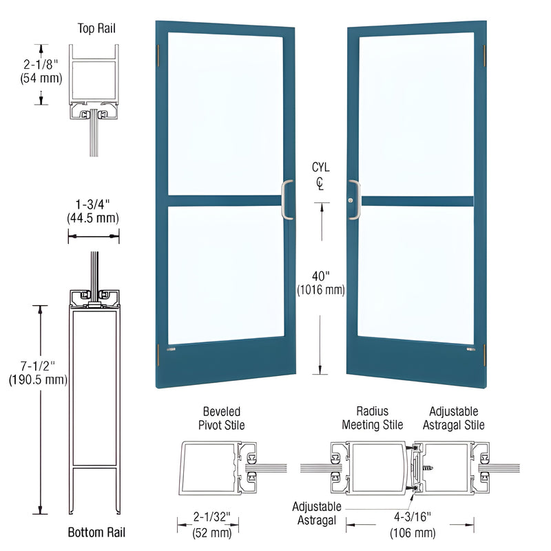 Technical diagram showing a pair of 72" x 84" Series 250 narrow stile entrance doors with custom Kynar finish and detailed rail and stile cross-sections.