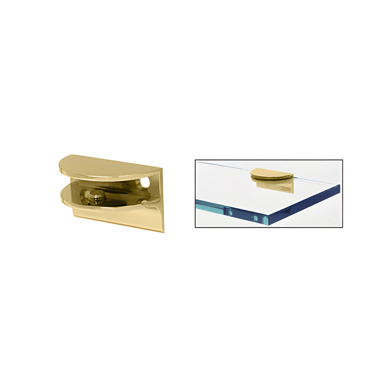A polished brass rounded shower shelf clamp with a support leg shown standalone and installed on a glass shelf.
