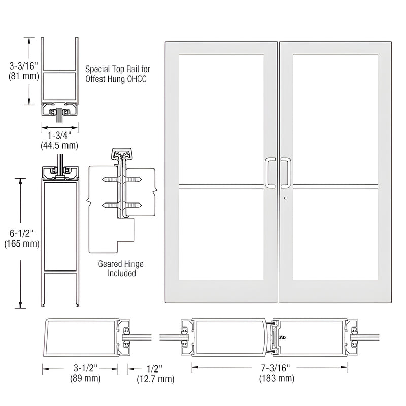 Technical diagram showing the profile and assembly of a pair of Series 400 medium stile entrance doors with geared hinges.