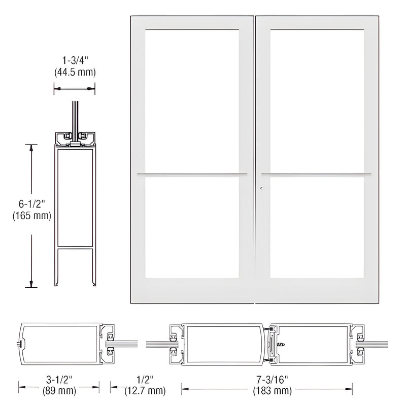 Technical diagram showing the profile and elevation of a pair of Series 400 medium stile center pivot entrance doors with a White Kynar finish.
