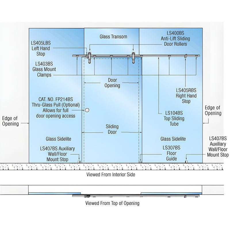 Technical diagram showing the components of a brushed stainless steel Laguna Series single sliding door glass mount system.