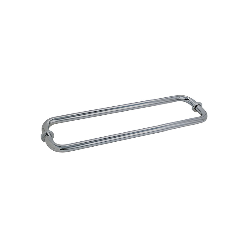 A 12-inch brushed nickel back-to-back tubular towel bar featuring metal washers for glass mounting.