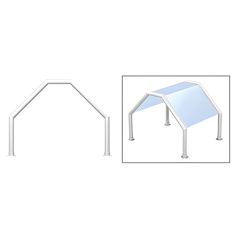A technical diagram showing the front and perspective views of a polished stainless steel slant-only sneeze guard frame with 1-1/2 inch tubing.