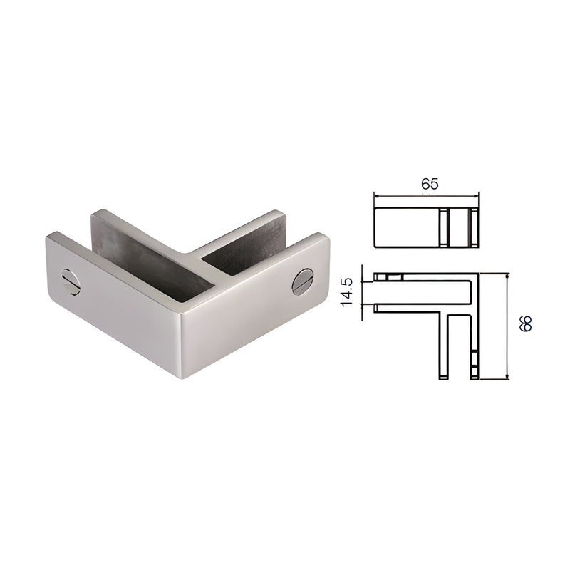 A brushed stainless steel 90-degree glass bracing clamp is shown next to a technical line drawing with dimensions.
