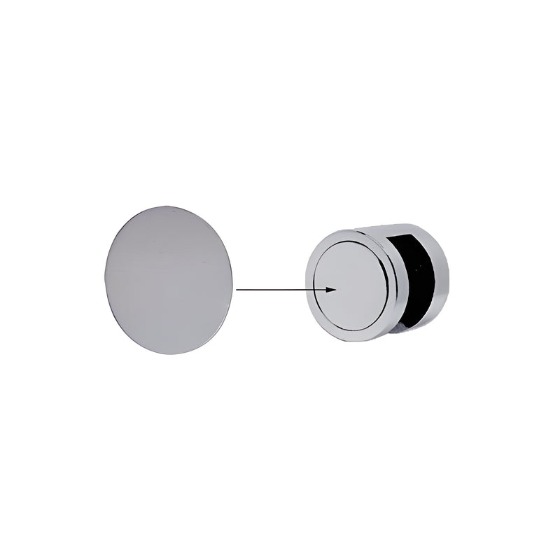 A 1-inch brushed stainless steel cover disk is shown next to an edge grip assembly to demonstrate installation.