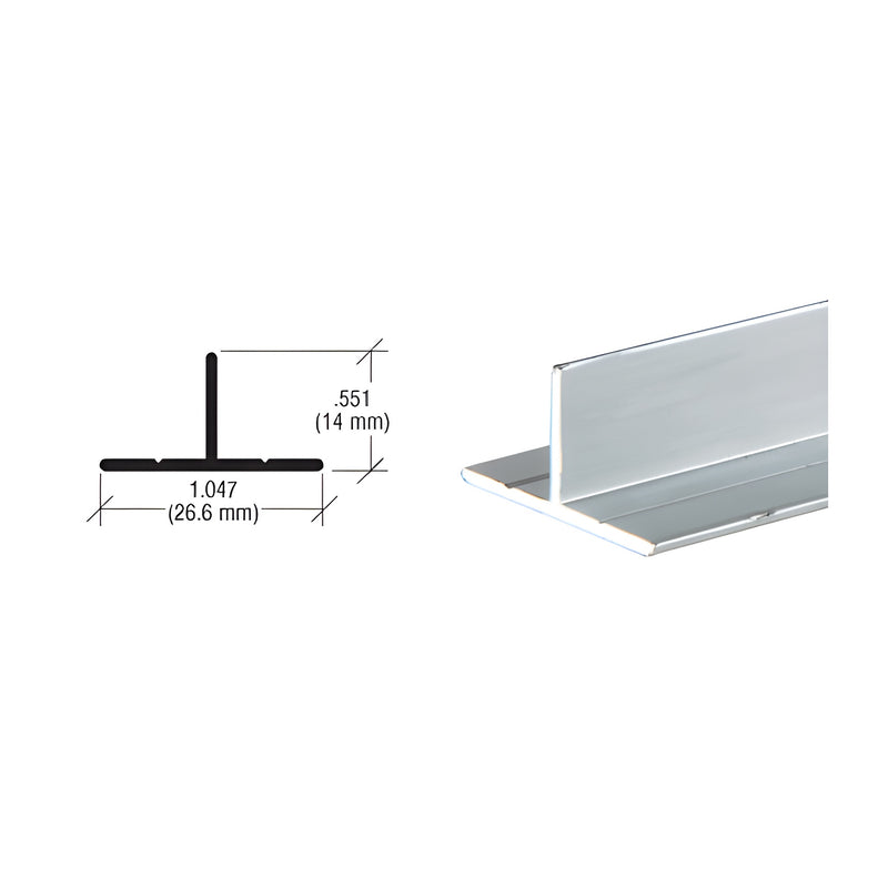 A technical diagram and perspective view of a satin anodized aluminum T-bar channel showing its 0.551 inch height and 1.047 inch width.