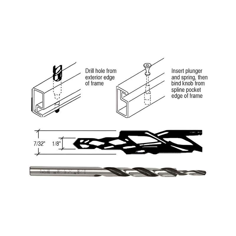 A technical diagram shows the CRL Plunger Latch Step Drill with a 7/32 inch diameter being used to install a latch into a metal frame.