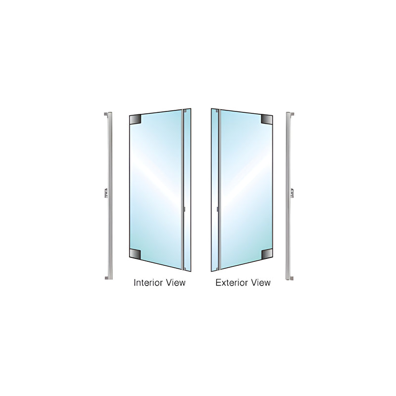 A diagram showing interior and exterior views of a polished stainless steel right hand reverse dummy handle mounted on a glass door.