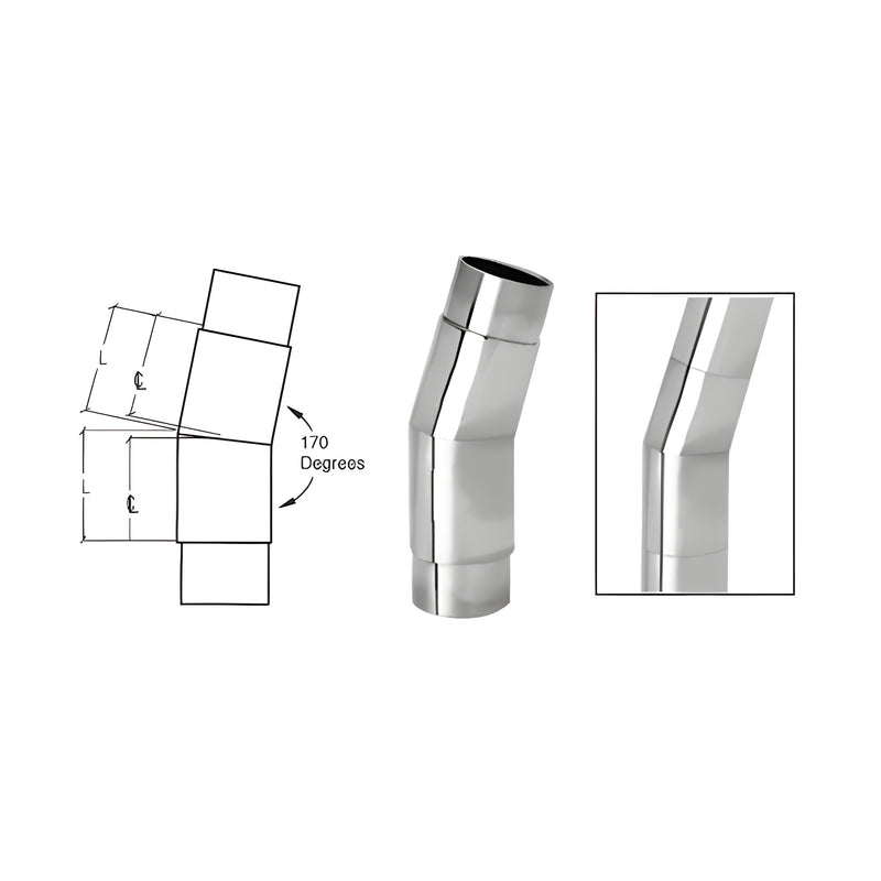 A technical diagram and product view showing a polished stainless steel 170-degree mitered flush angle railing connector.