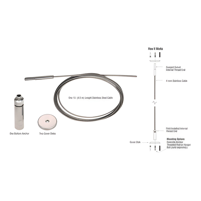 A CRL floor-to-ceiling cable kit featuring a 15-foot stainless steel cable, polished nickel bottom anchor, cover disks, and an installation diagram.