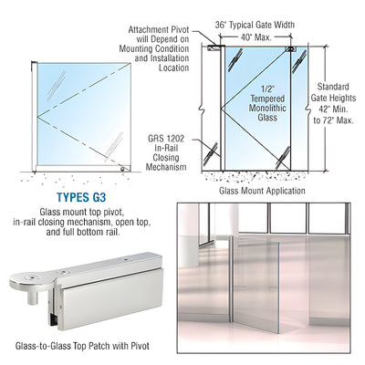CRL Polished Stainless 1202 Series Custom Glass-to-Glass Mounted Gate w/In-Rail Closing Mechanism, Open Top, and Full Bottom Rail