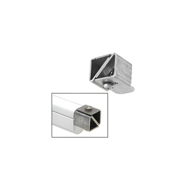 A metal CRL LED housing mounting clip shown individually and installed on the end of an aluminum LED profile.