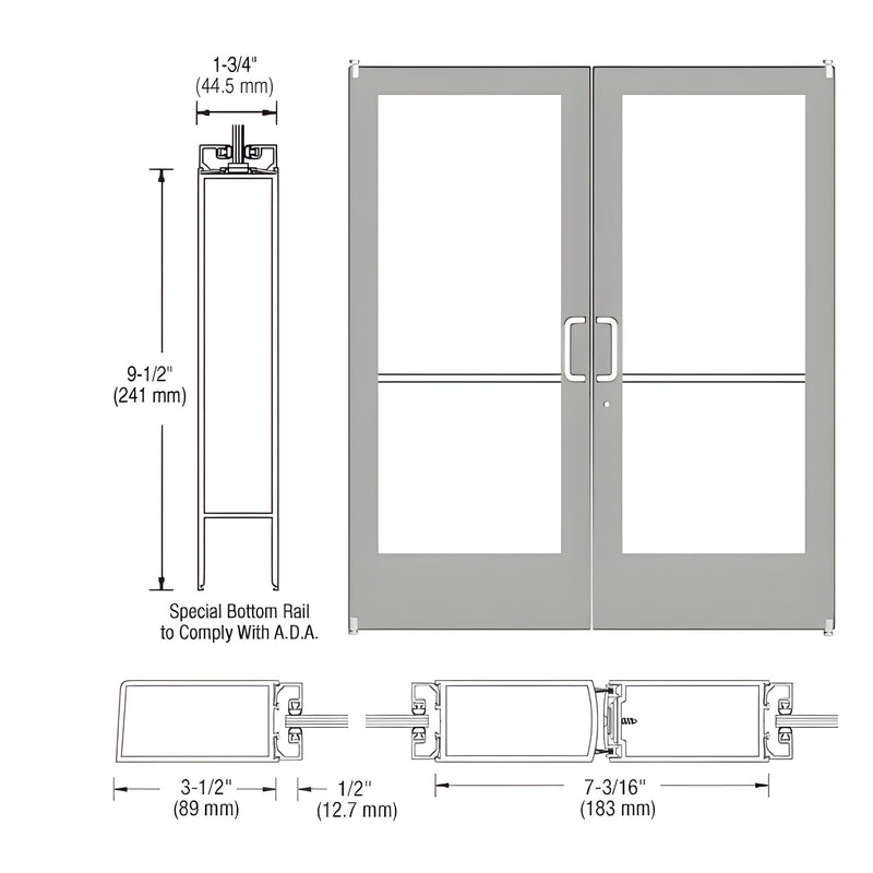 Technical diagram showing the elevation and cross-section profiles of a pair of Series 400 medium stile offset pivot entrance doors.