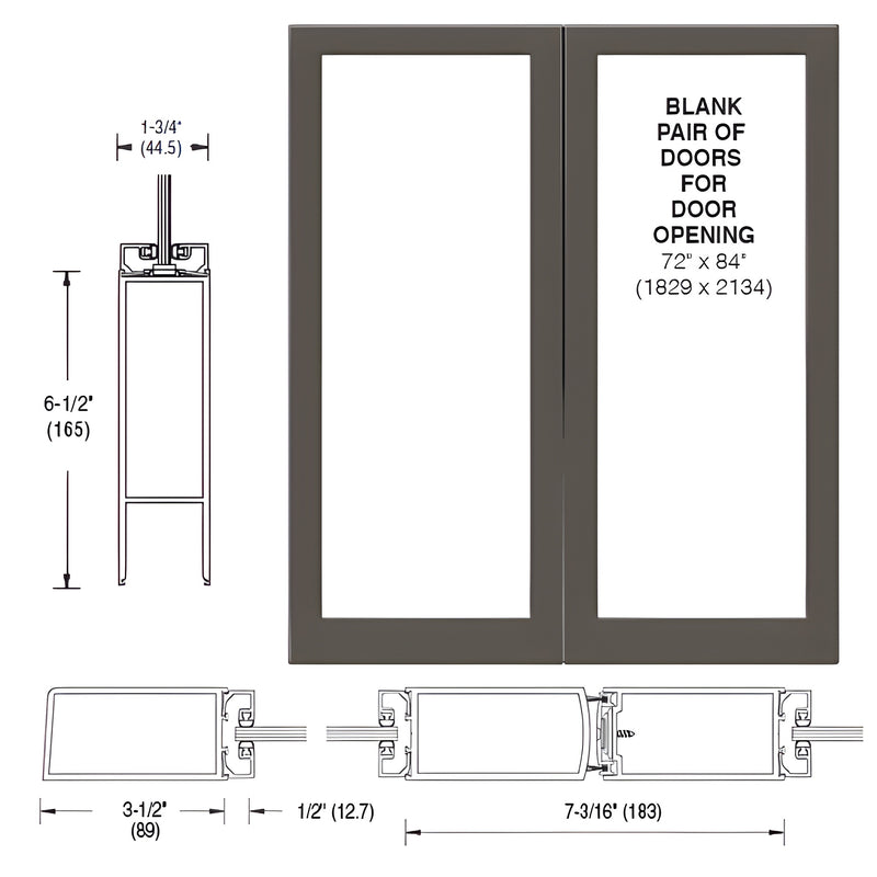 Technical diagram showing the profile and dimensions of a pair of 400 Medium Stile offset hung entrance doors.