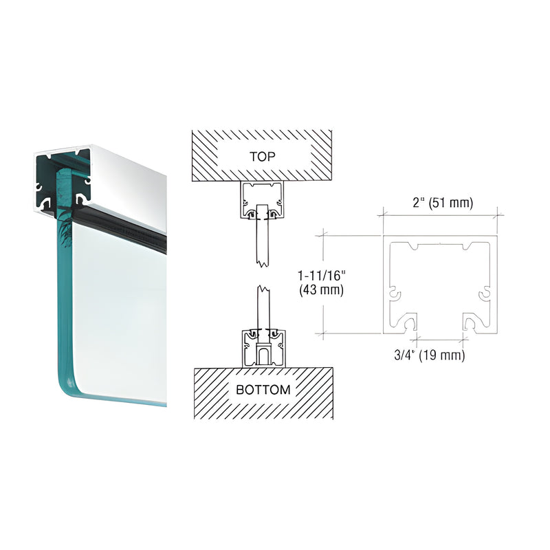 A technical diagram showing the profile and installation of a polished stainless steel wide U-channel for glass panels.