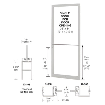 CRL-U.S. Aluminum Clear Anodized 250 Series Narrow Stile (RHR) HRSO Single 3'0 x 7'0 Center Hung for OHCC w/Standard Push Bars Complete Door Std. MS Lock & Bottom Rail